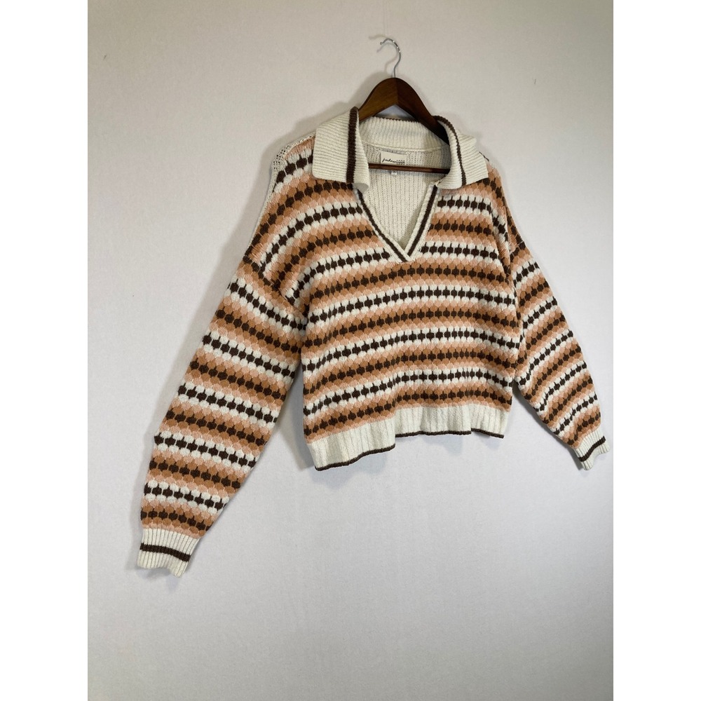 Retro Boho Freshman 1996 Womens Large Brown Striped Collared V-Neck Knit Sweater - Picture 9 of 10
